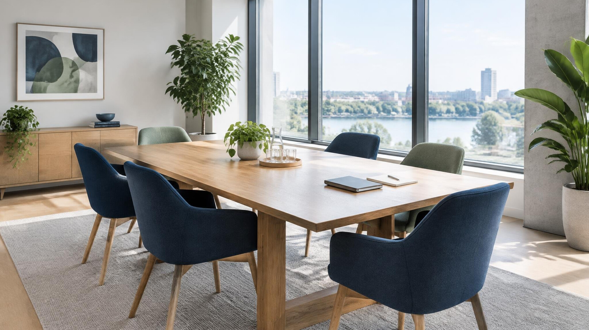 Bright modern office with a large table, plants and natural light