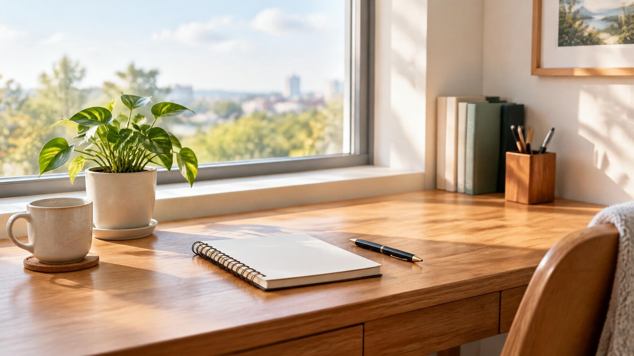 Clean desk with a notebook, plant and window light in a welcoming workspace