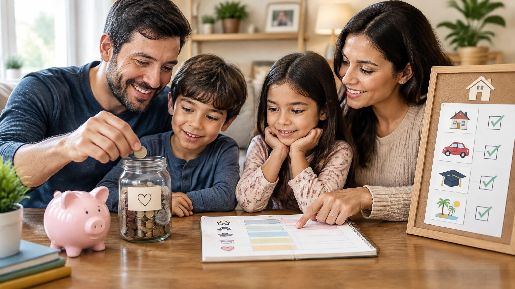 family saving money jar